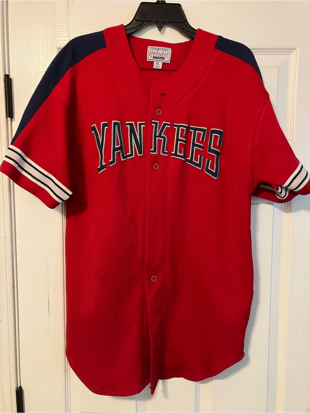Vtg New York Yankees MLBStarter Red Button Down Jersey Size XL *Read Description